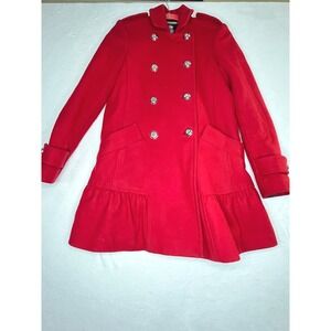 Juicy Couture Red Wool Blend Peacoat Ruffle Hem Double Breasted Coat Womens XS